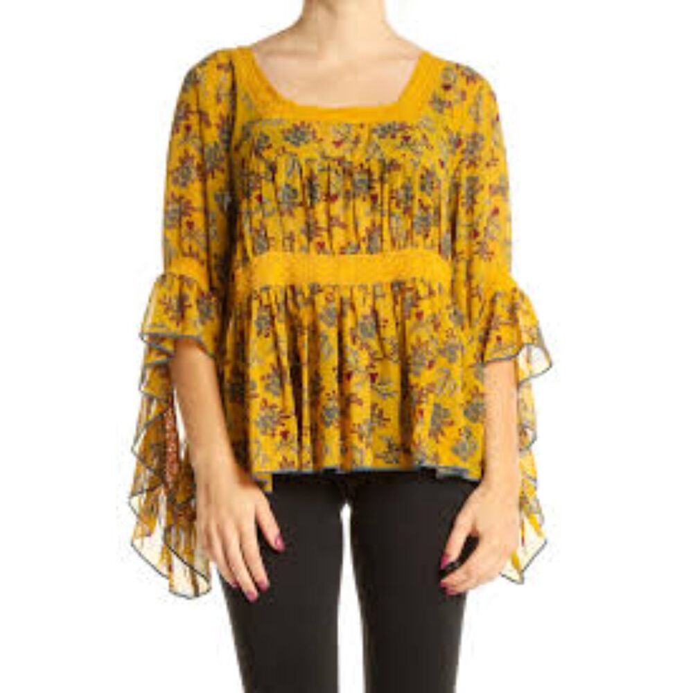 V. Christina Mustard Yellow Floral Boho Top Small Tiered Ruffle Bell Sleeve